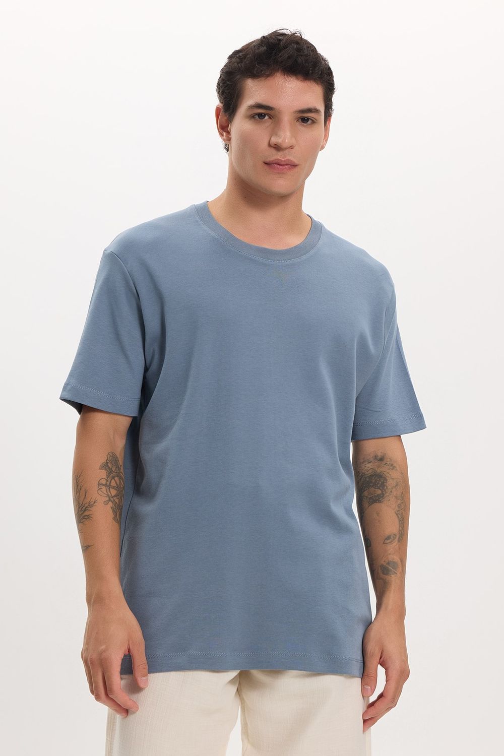 Unisex Relax Fit Rahat Kesim %100 Pamuk Yumuşak Dokulu Hafif Kalın Basic Bisiklet Yaka Mavi Tişört
