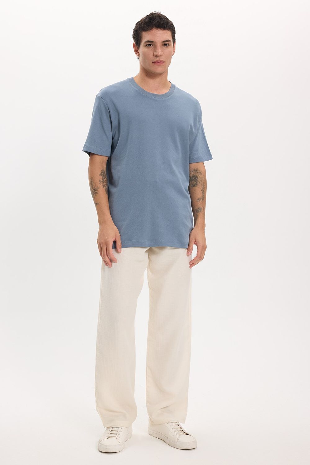 Unisex Relax Fit Rahat Kesim %100 Pamuk Yumuşak Dokulu Hafif Kalın Basic Bisiklet Yaka Mavi Tişört
