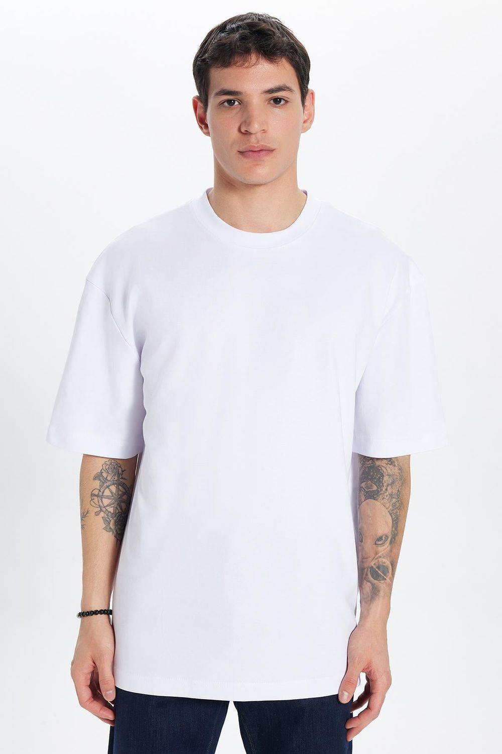 Unisex Oversize Geniş Kesim %100 Pamuk Yumuşak Dokulu Basic Bisiklet Yaka Beyaz Tişört