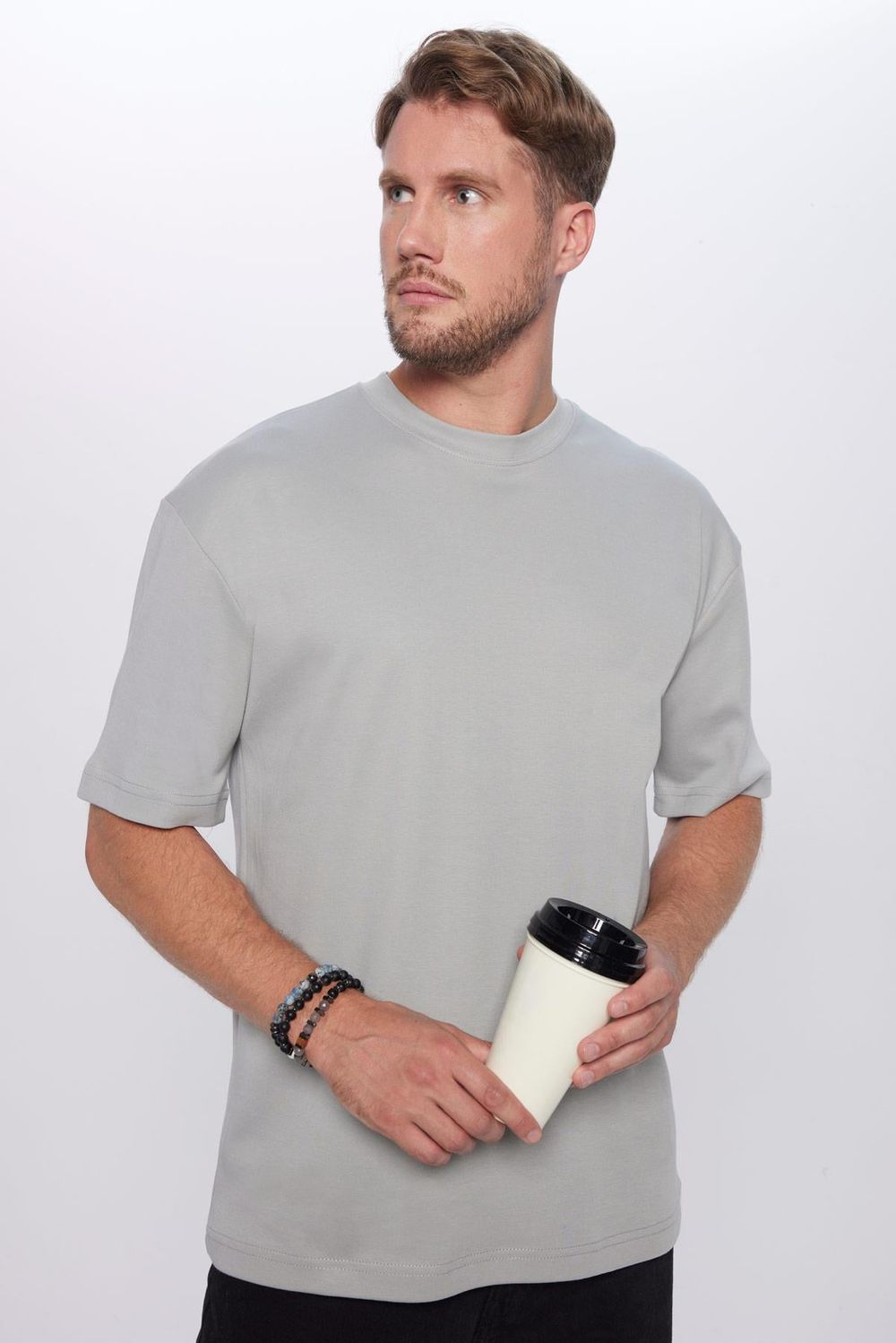 Unisex Oversize Geniş Kesim %100 Pamuk Yumuşak Dokulu Basic Bisiklet Yaka Gri Tişört