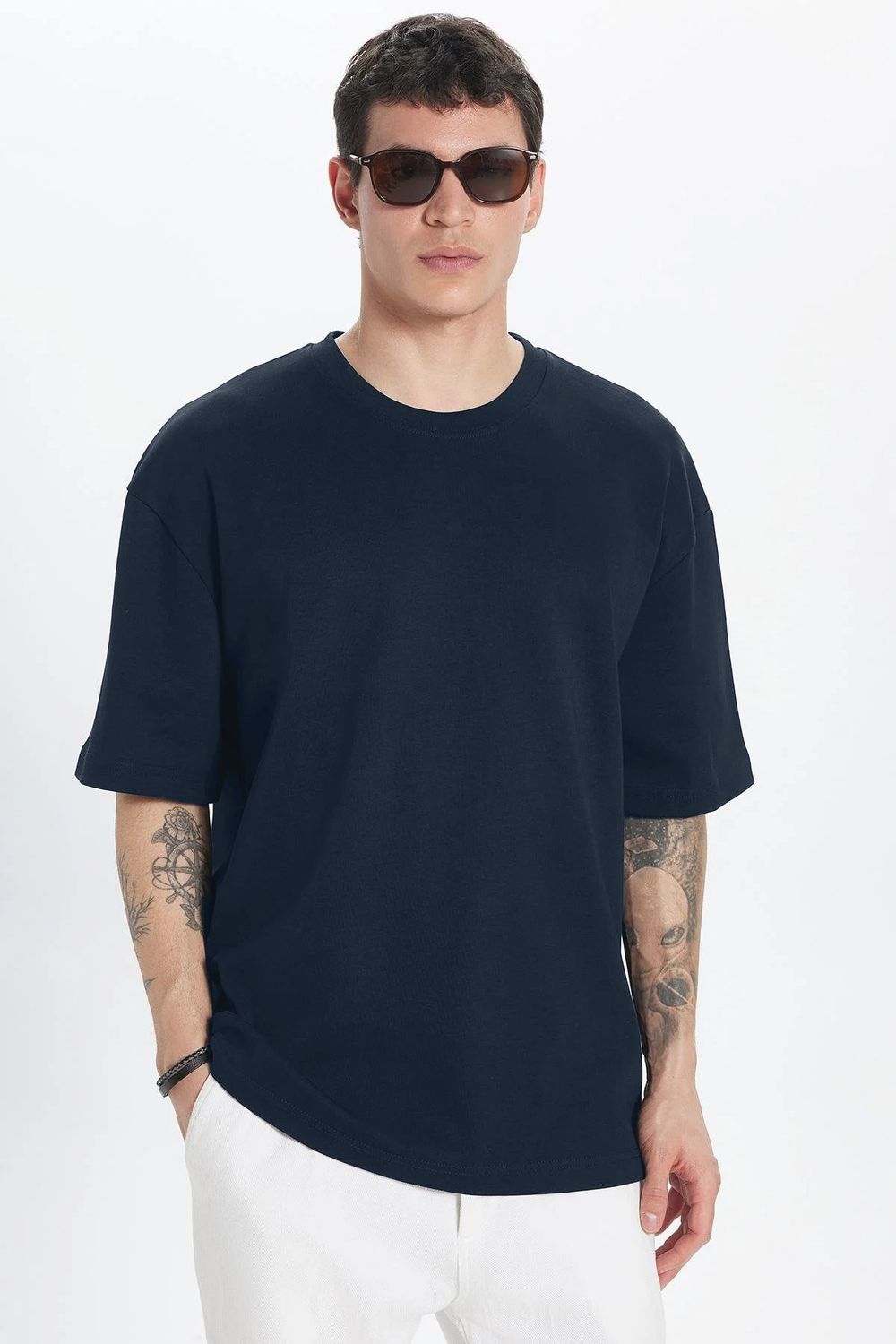 Unisex Oversize Geniş Kesim %100 Pamuk Yumuşak Dokulu Basic Bisiklet Yaka Lacivert Tişört