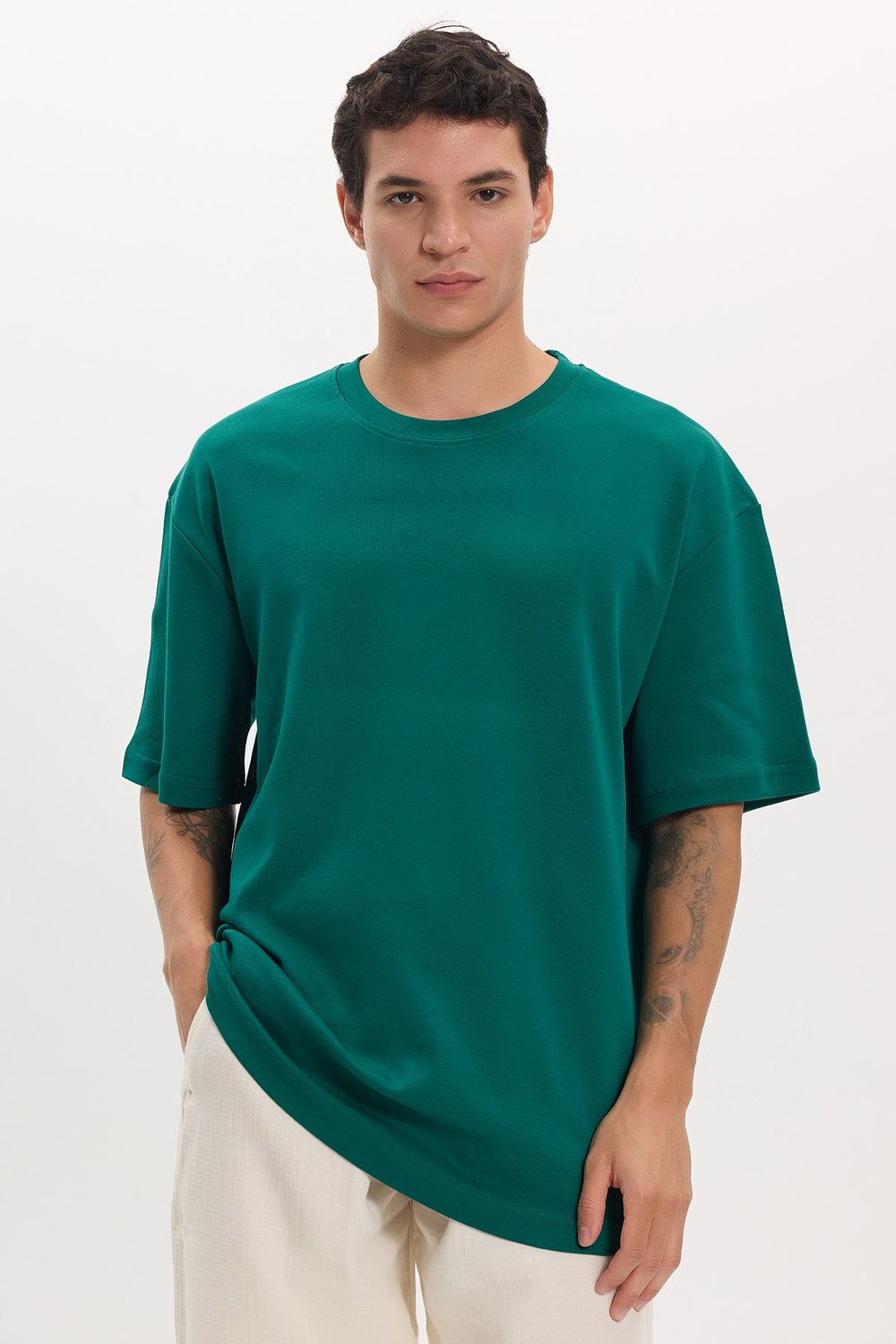 Unisex Oversize Geniş Kesim %100 Pamuk Yumuşak Dokulu Basic Bisiklet Yaka Yeşil Tişört