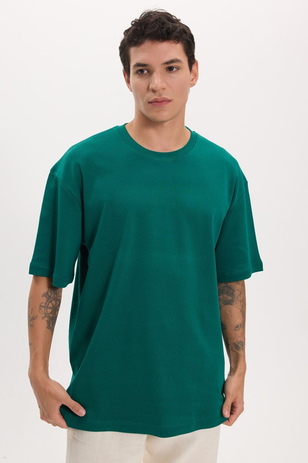 Unisex Oversize Geniş Kesim %100 Pamuk Yumuşak Dokulu Basic Bisiklet Yaka Yeşil Tişört