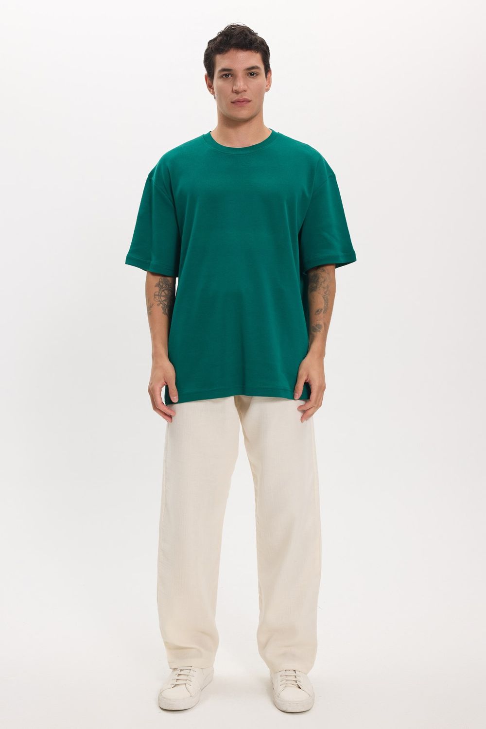 Unisex Oversize Geniş Kesim %100 Pamuk Yumuşak Dokulu Basic Bisiklet Yaka Yeşil Tişört