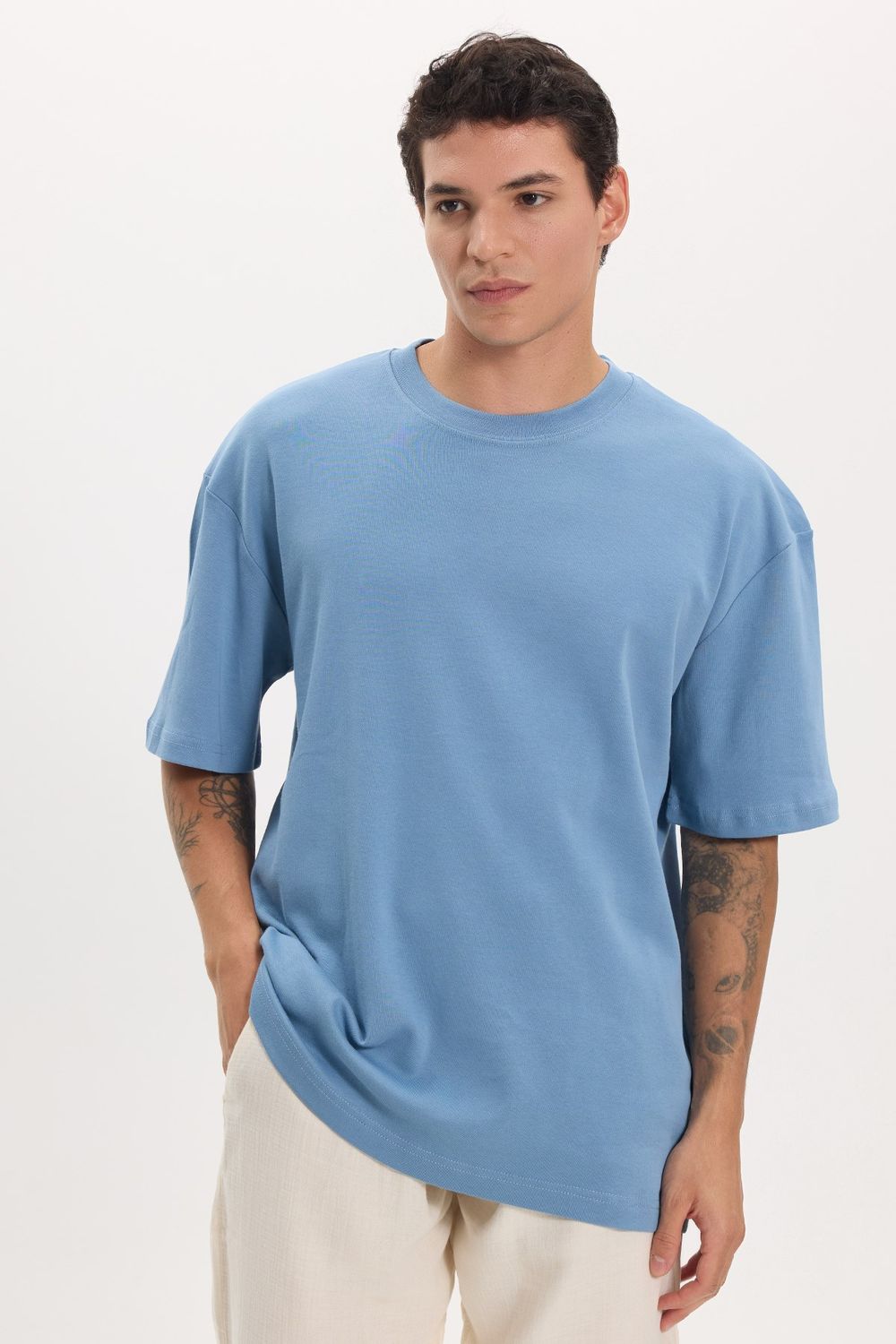 Unisex Oversize Geniş Kesim %100 Pamuk Yumuşak Dokulu Basic Bisiklet Yaka İndigo Tişört