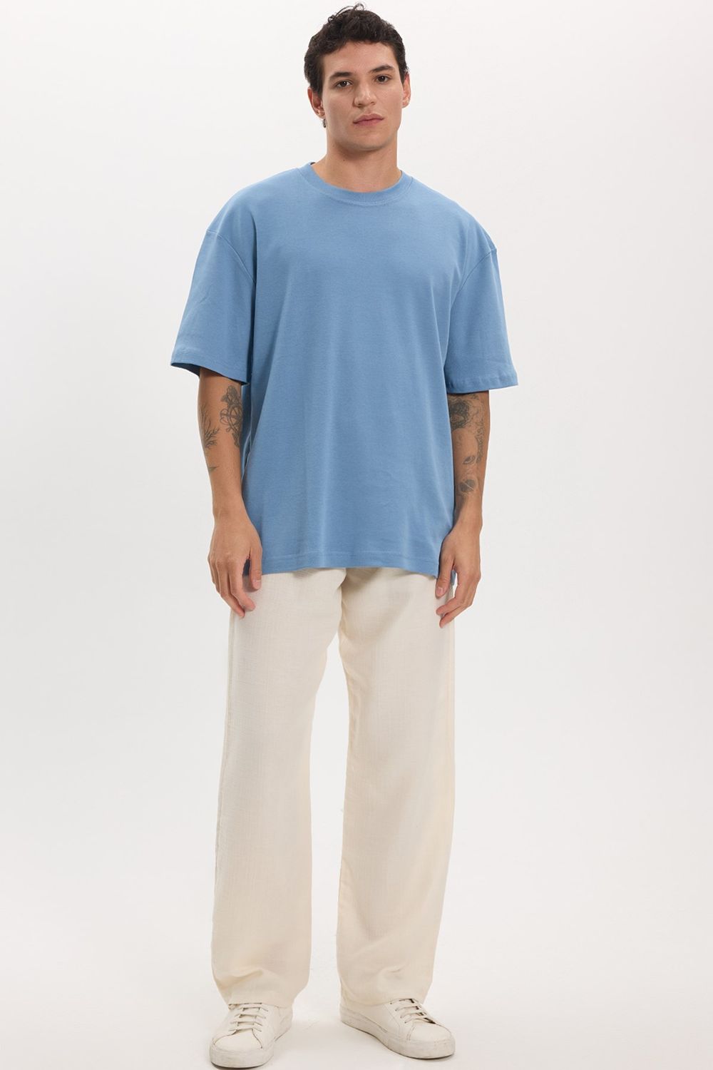 Unisex Oversize Geniş Kesim %100 Pamuk Yumuşak Dokulu Basic Bisiklet Yaka İndigo Tişört