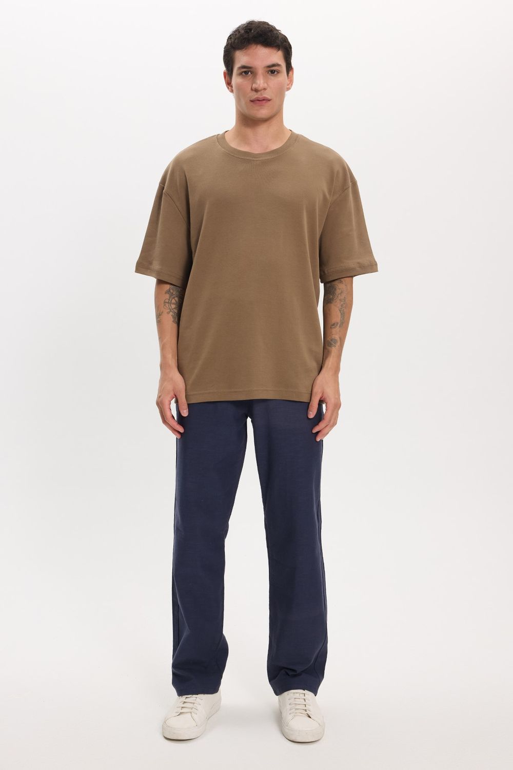 Unisex Oversize Geniş Kesim %100 Pamuk Yumuşak Dokulu Basic Bisiklet Yaka Kahverengi Tişört