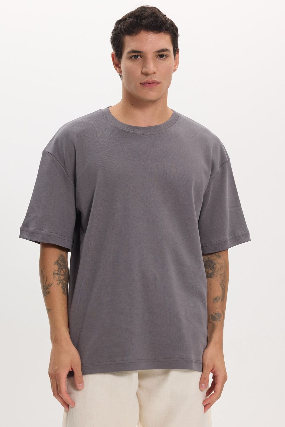 Unisex Oversize Geniş Kesim %100 Pamuk Yumuşak Dokulu Basic Bisiklet Yaka Füme Tişört