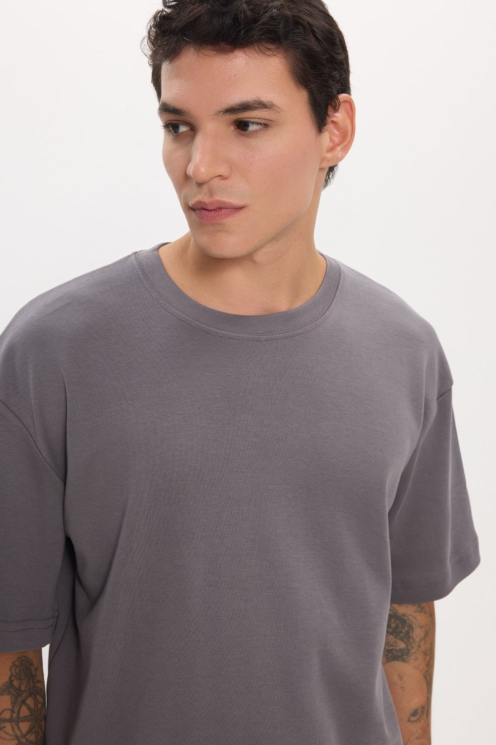 Unisex Oversize Geniş Kesim %100 Pamuk Yumuşak Dokulu Basic Bisiklet Yaka Füme Tişört