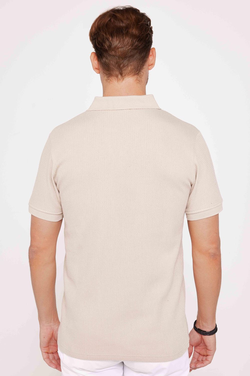 Erkek Slim Fit Dar Kesim %100 Pamuk Düz Pike Kum Rengi Polo Yaka Tişört
