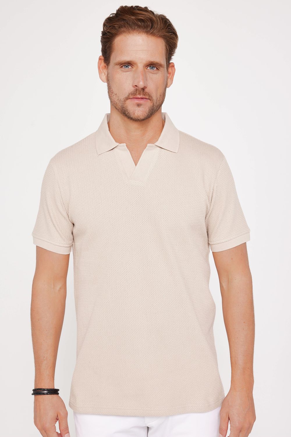 Erkek Slim Fit Dar Kesim %100 Pamuk Düz Pike Kum Rengi Polo Yaka Tişört