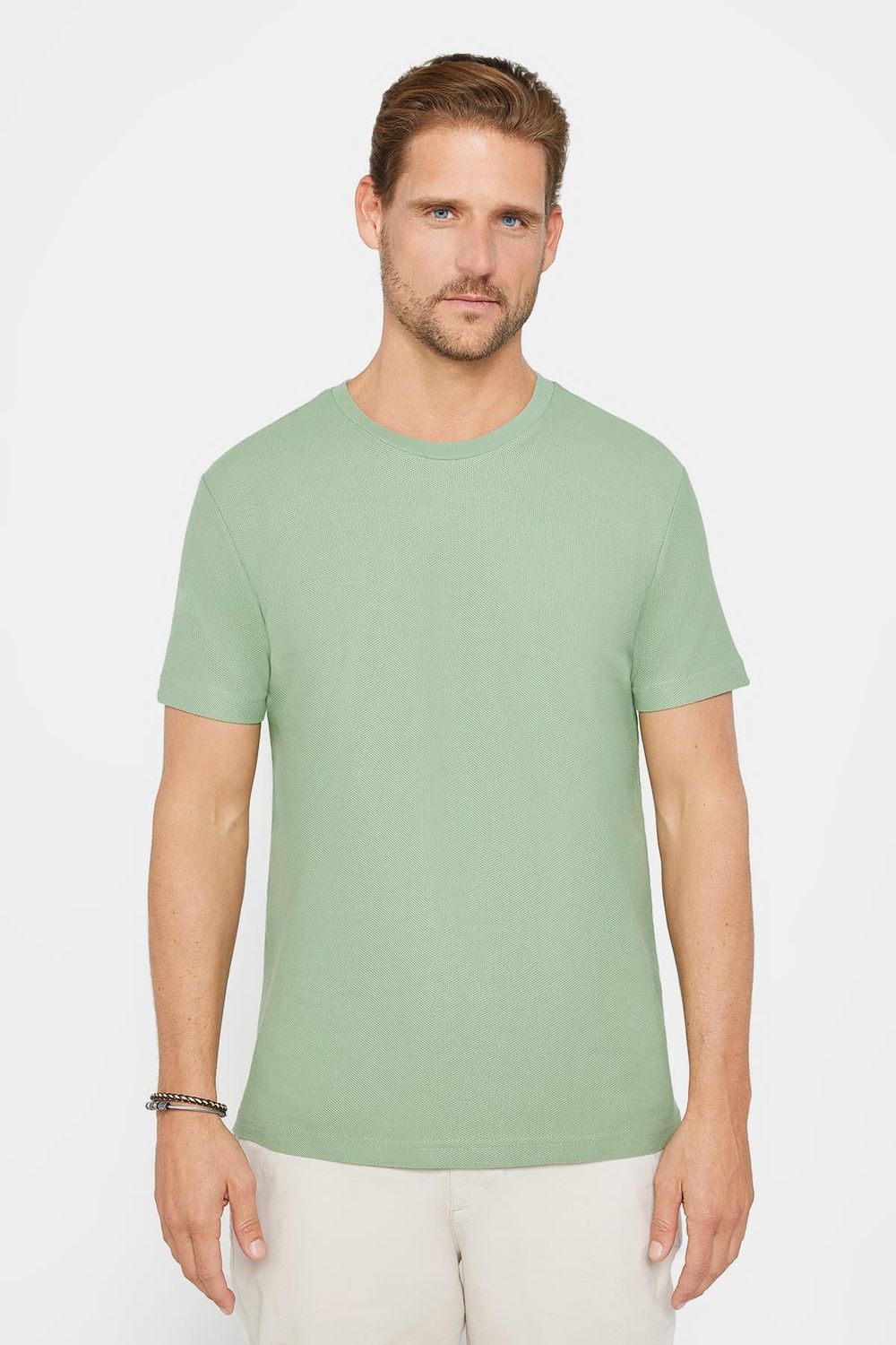 Erkek Slim Fit Dar Kesim %100 Pamuk Yumuşak Dokulu Desenli Yeşil Bisiklet Yaka Tişört