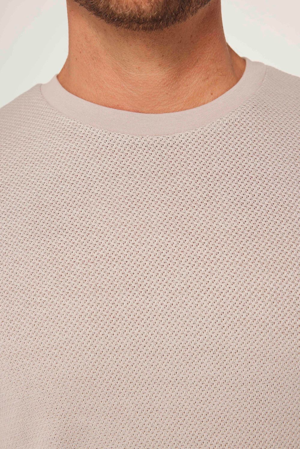 Erkek Slim Fit Dar Kesim Esnek Kumaş Örme Bisiklet Yaka Bej Tişört