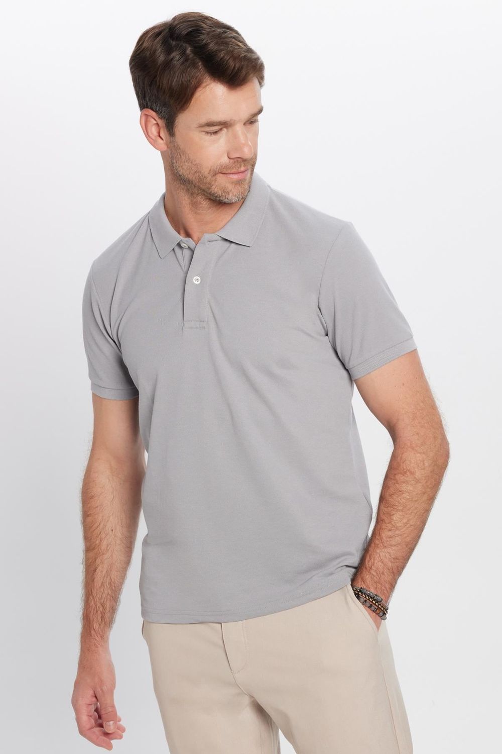 Erkek 5'li Paket Siyah-Taş-Gri-Mor-Beyaz Slim Fit Dar Kesim Pamuklu Düz Pike Polo Yaka Tişört