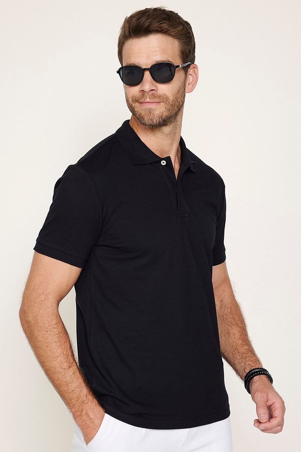Erkek 5'li Paket Siyah-Taş-Gri-Mor-Beyaz Slim Fit Dar Kesim Pamuklu Düz Pike Polo Yaka Tişört