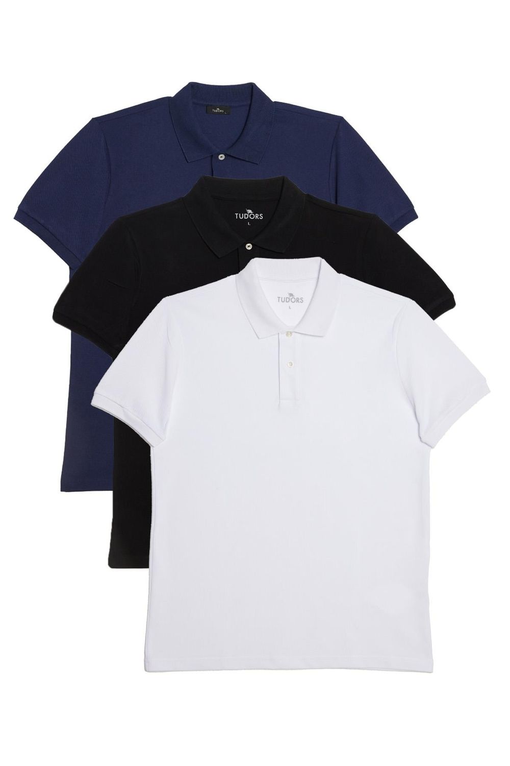 Erkek 3'lü Paket Siyah-Beyaz-Lacivert Slim Fit %100 Pamuk Düz Pike Polo Yaka Tişört