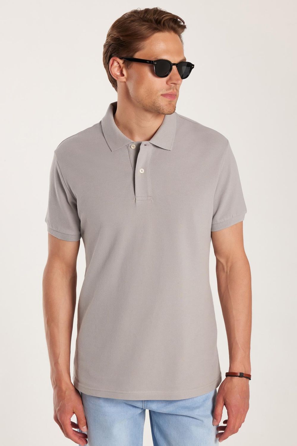 Erkek Slim Fit Dar Kesim %100 Pamuk Gri Polo Yaka Tişört