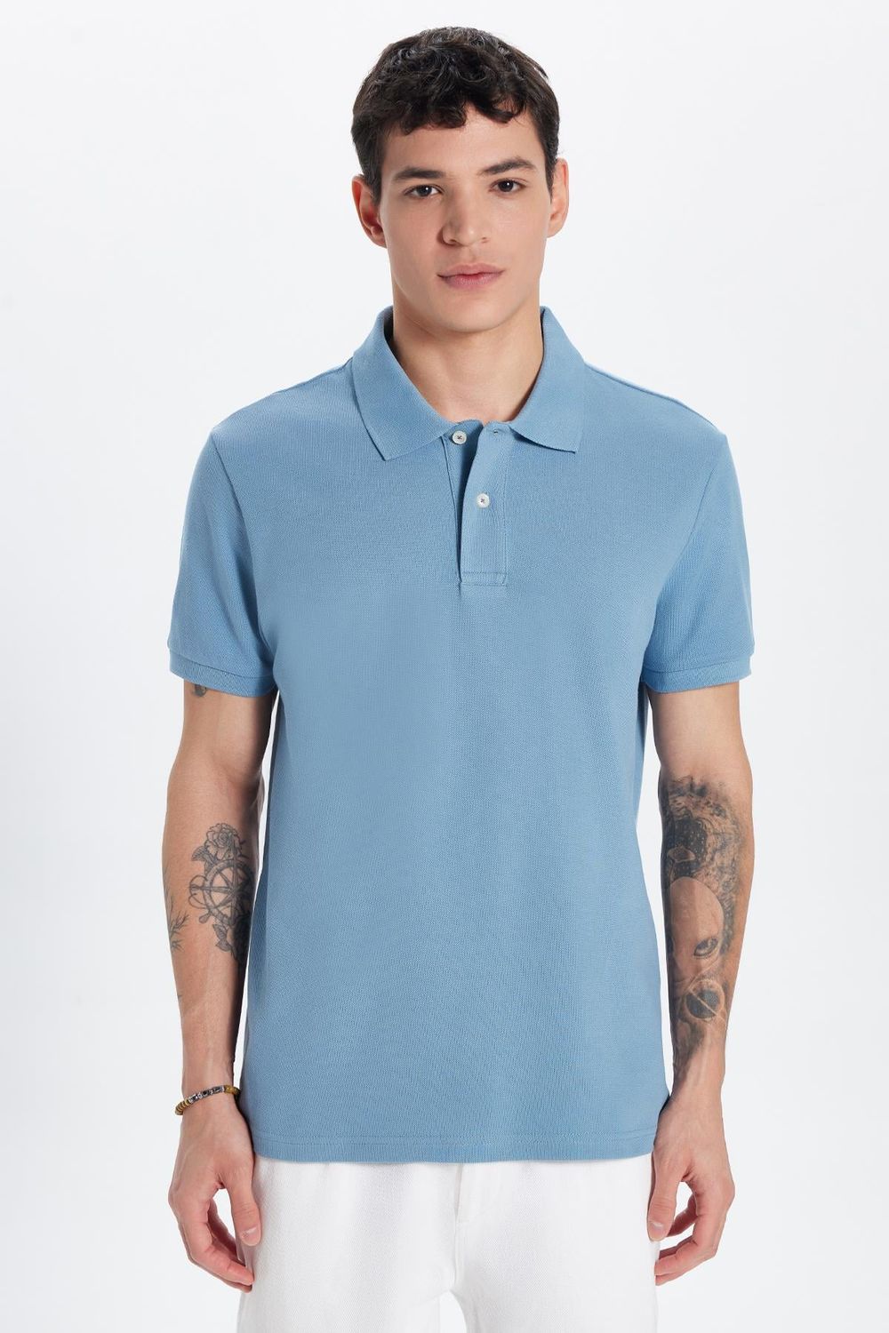 Erkek Slim Fit Dar Kesim %100 Pamuk Mavi Polo Yaka Tişört