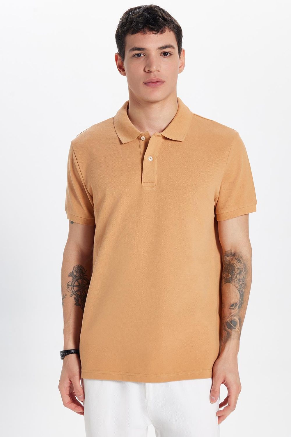 Erkek Slim Fit Dar Kesim %100 Pamuk Kahverengi Polo Yaka Tişört