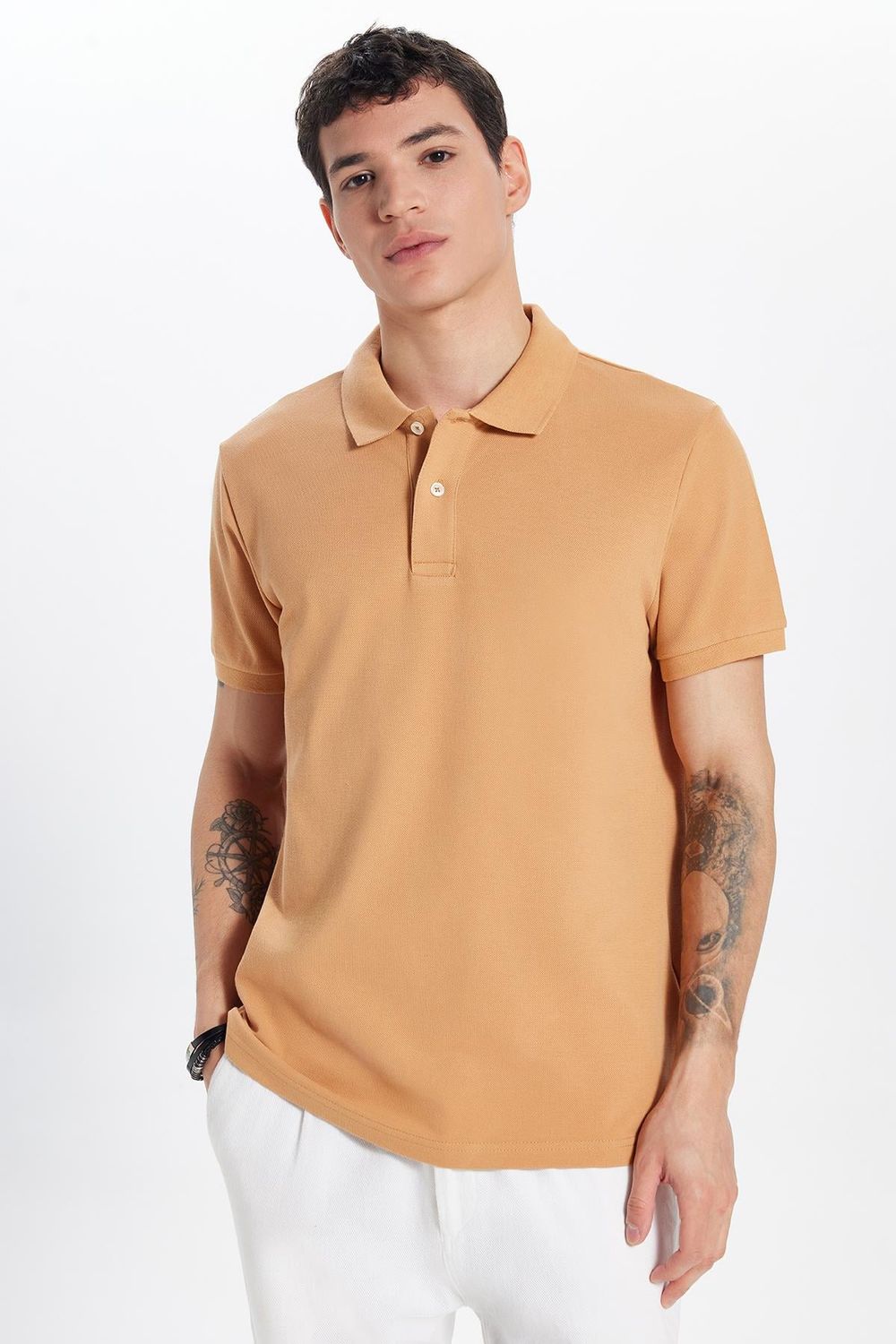 Erkek Slim Fit Dar Kesim %100 Pamuk Kahverengi Polo Yaka Tişört