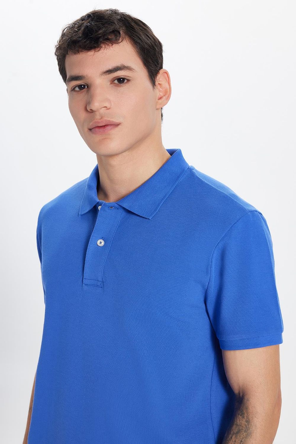 Erkek Slim Fit Dar Kesim %100 Pamuk Koyu Mavi Polo Yaka Tişört