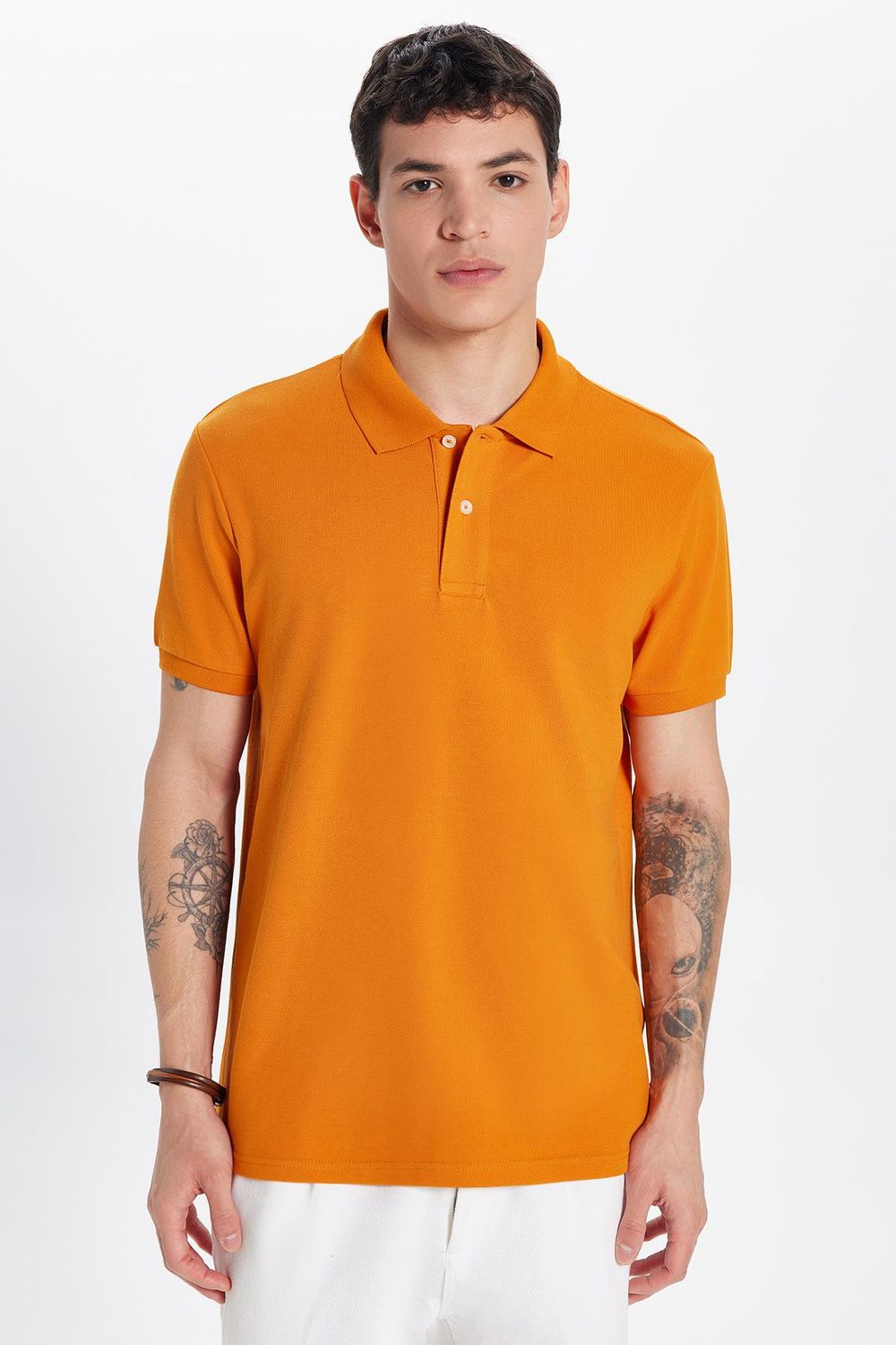 Erkek Slim Fit Dar Kesim %100 Pamuk Turuncu Polo Yaka Tişört