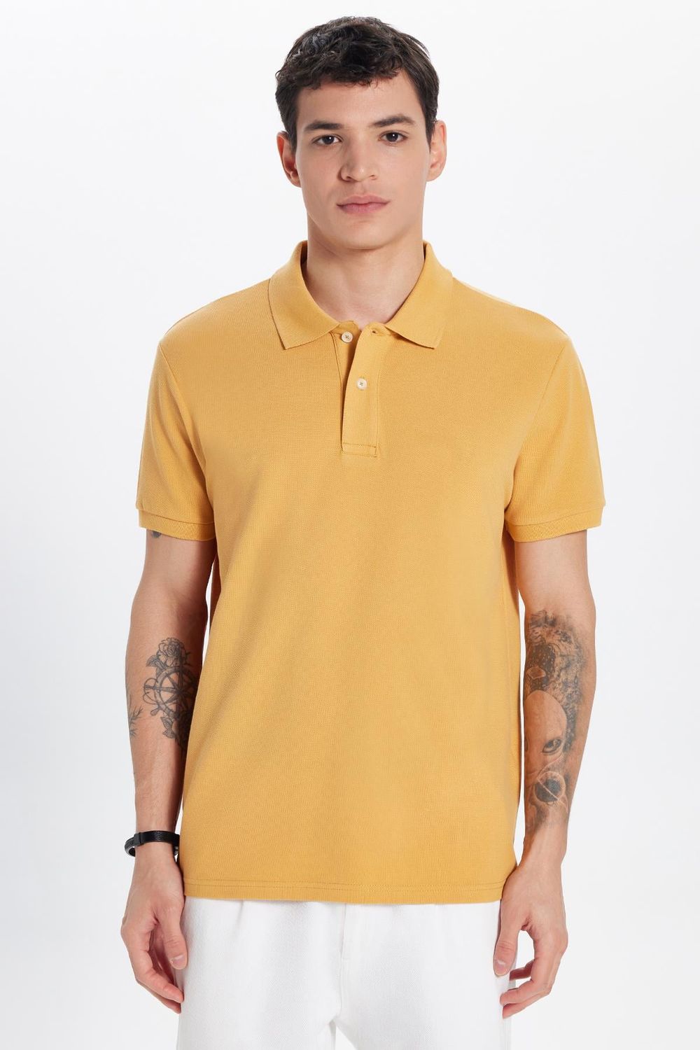 Erkek Slim Fit Dar Kesim %100 Pamuklu Hardal Renk Polo Yaka Tişört