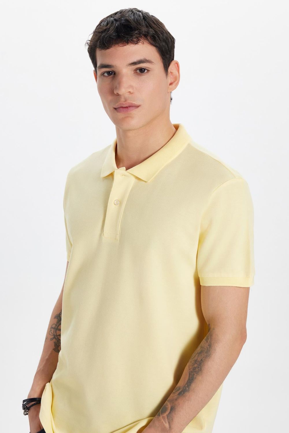 Erkek Slim Fit Dar Kesim %100 Pamuk Sarı Polo Yaka Tişört