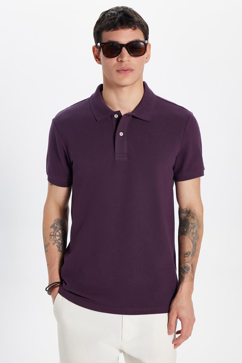 Erkek Slim Fit Dar Kesim %100 Pamuk Mürdüm Polo Yaka Tişört
