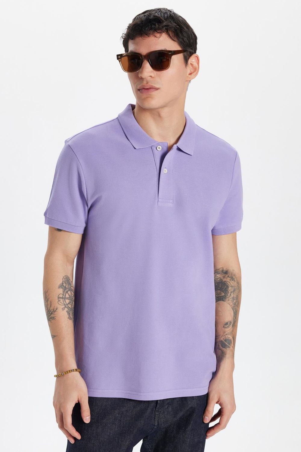 Erkek Slim Fit Dar Kesim %100 Pamuk Eflatun Polo Yaka Tişört
