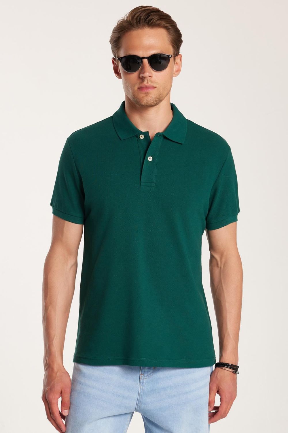Erkek Slim Fit Dar Kesim %100 Pamuk Yeşil Polo Yaka Tişört