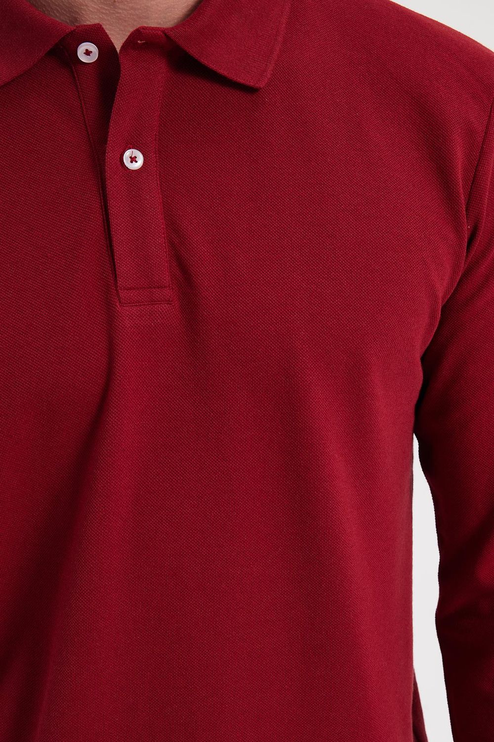 Erkek Standart Fit Rahat Kesim Pamuklu Yumuşak Dokulu Düz Pike Uzun Kollu Bordo Polo Yaka Tişört