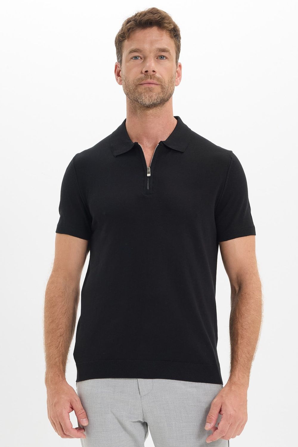 Erkek Slim Fit Dar Kesim %100 Pamuk Örme Triko Fermuarlı Siyah Polo Yaka Tişört