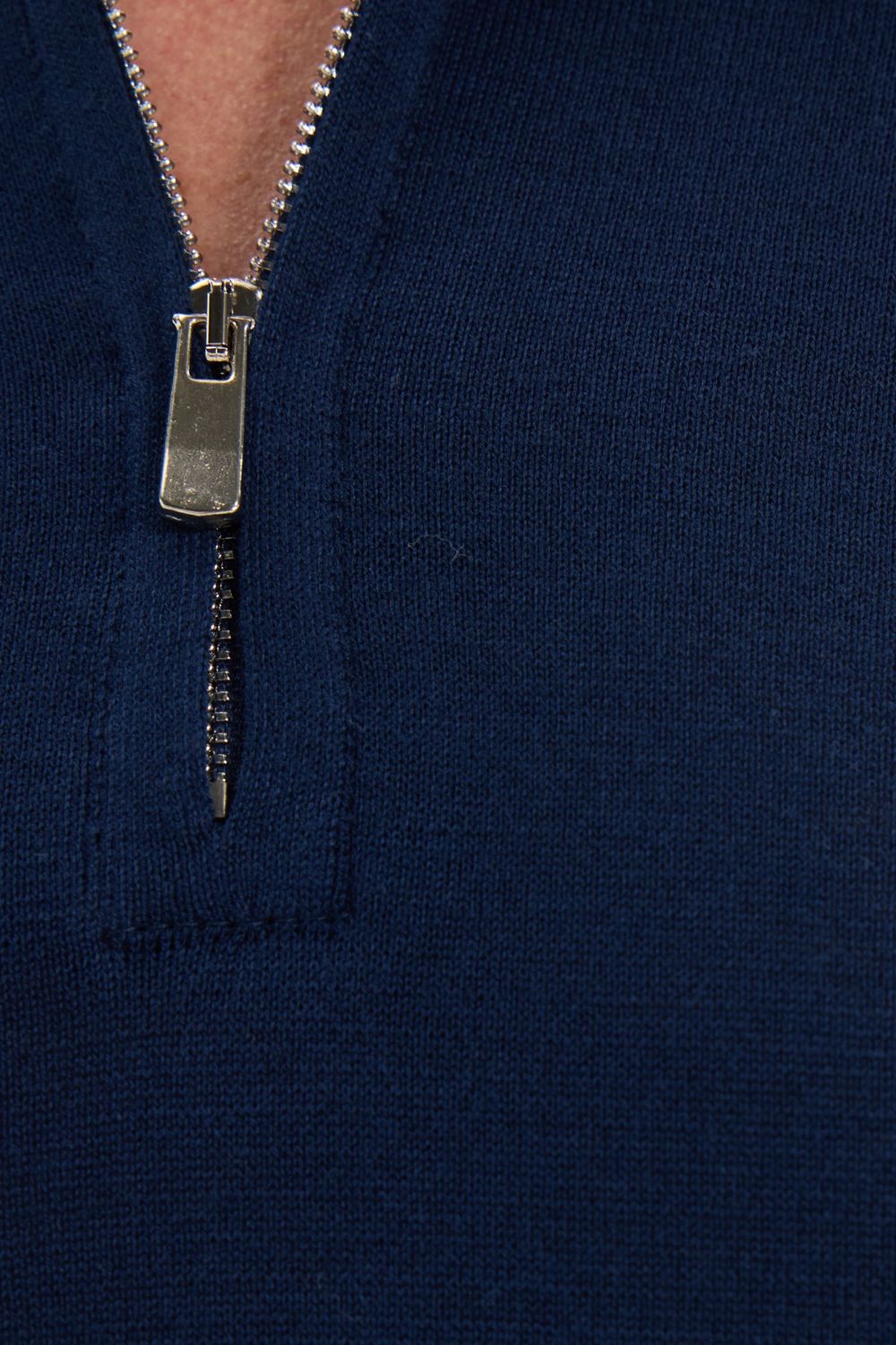 Erkek Slim Fit Dar Kesim %100 Pamuk Örme Triko Fermuarlı Lacivert Polo Yaka Tişört