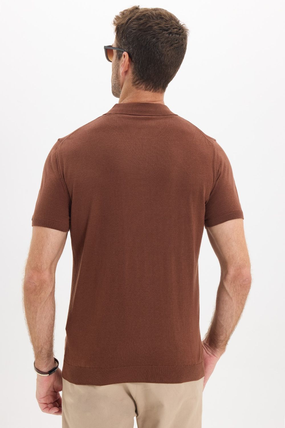 Erkek Slim Fit Dar Kesim %100 Pamuk Örme Triko Fermuarlı Kahverengi Polo Yaka Tişört