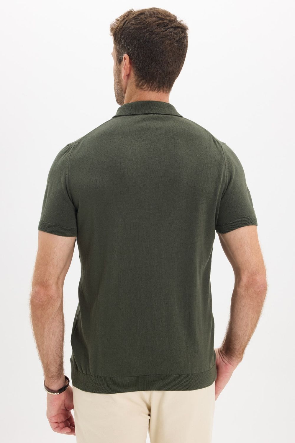 Erkek Slim Fit Dar Kesim %100 Pamuk Örme Triko Fermuarlı Haki Polo Yaka Tişört