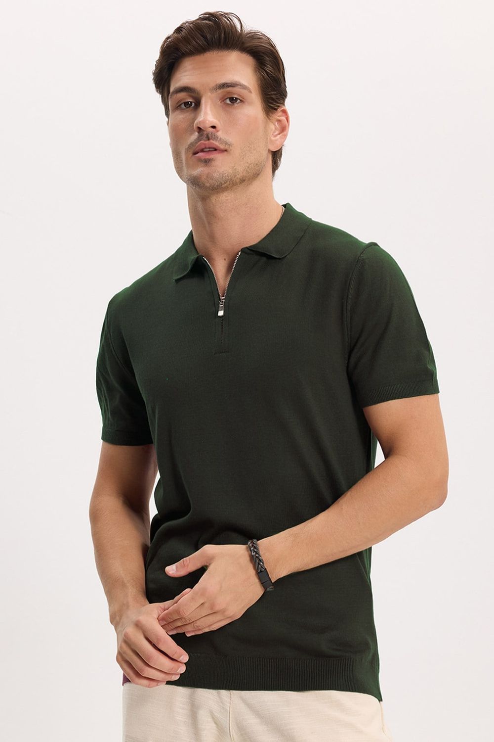 SLIM FIT KNITTED T-SHIRT POLO NECK HALF ZIPPER  TİŞÖRT
