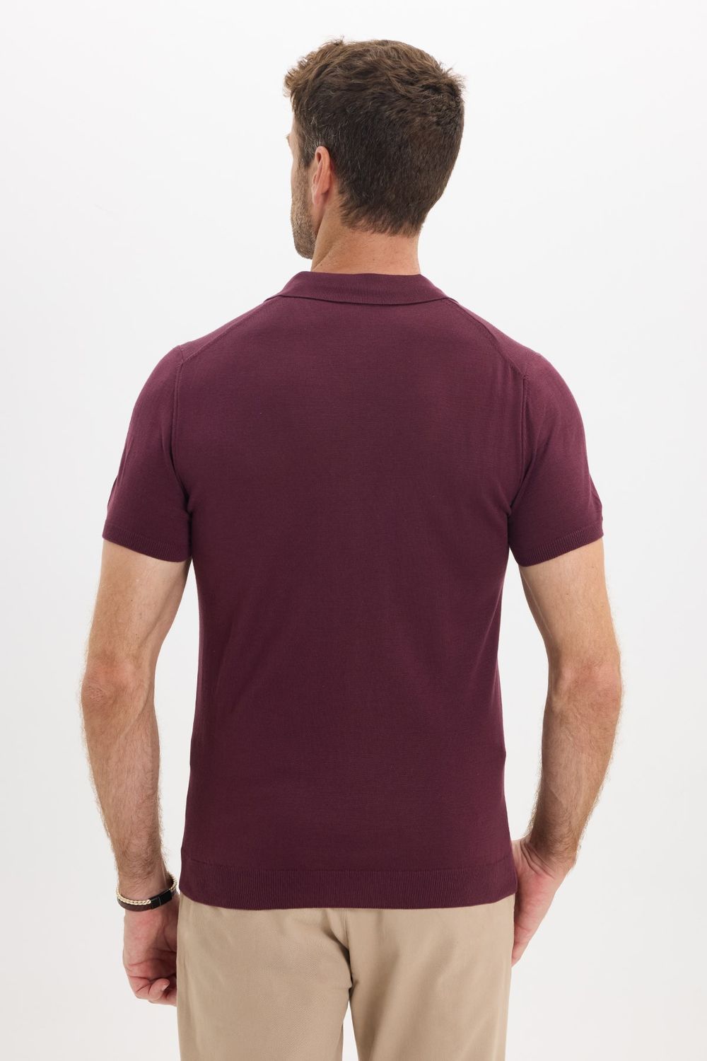 Erkek Slim Fit Dar Kesim %100 Pamuk Örme Triko Fermuarlı Bordo Polo Yaka Tişört