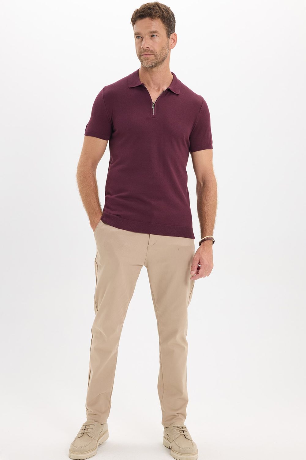 Erkek Slim Fit Dar Kesim %100 Pamuk Örme Triko Fermuarlı Bordo Polo Yaka Tişört