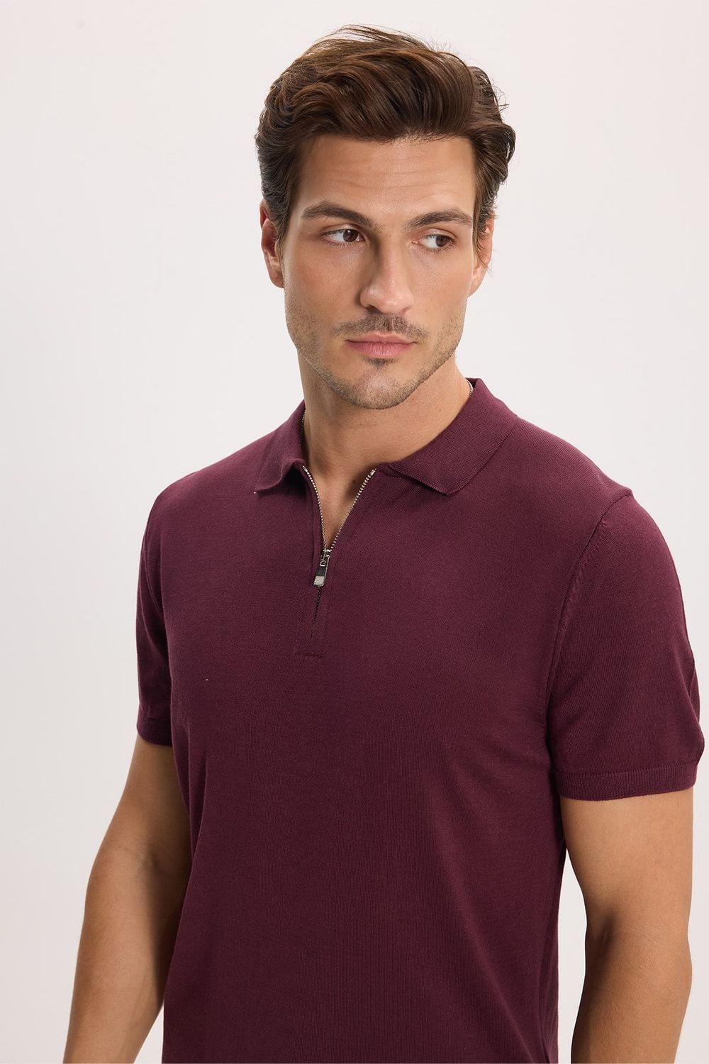 Erkek Slim Fit Dar Kesim %100 Pamuk Örme Triko Fermuarlı Bordo Polo Yaka Tişört