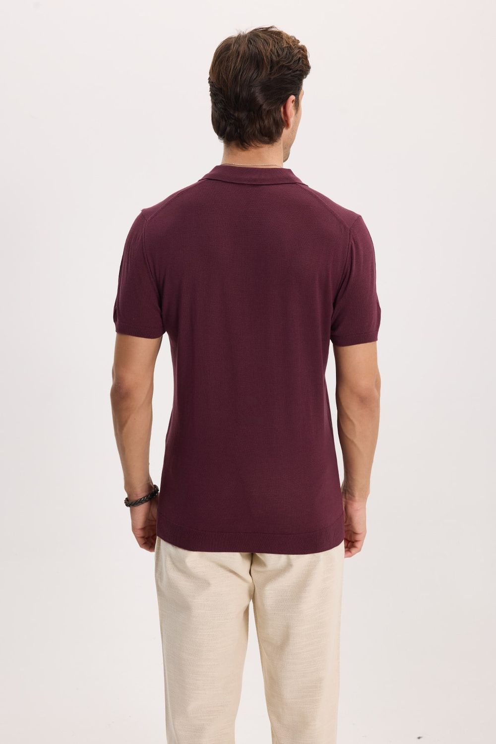 Erkek Slim Fit Dar Kesim %100 Pamuk Örme Triko Fermuarlı Bordo Polo Yaka Tişört