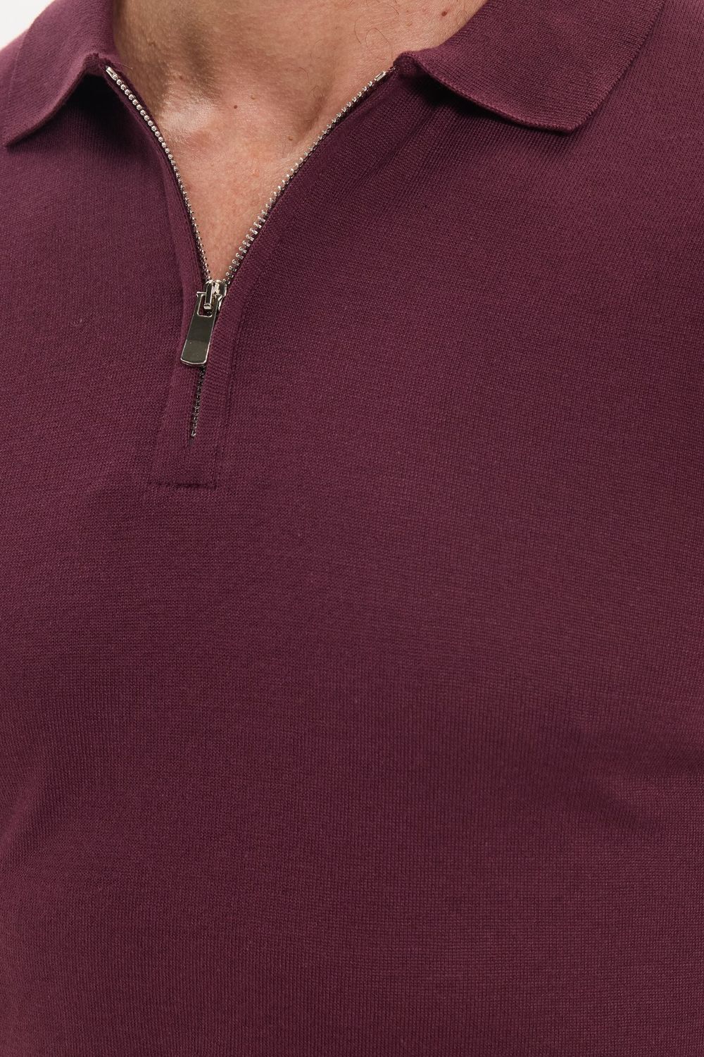 Erkek Slim Fit Dar Kesim %100 Pamuk Örme Triko Fermuarlı Bordo Polo Yaka Tişört