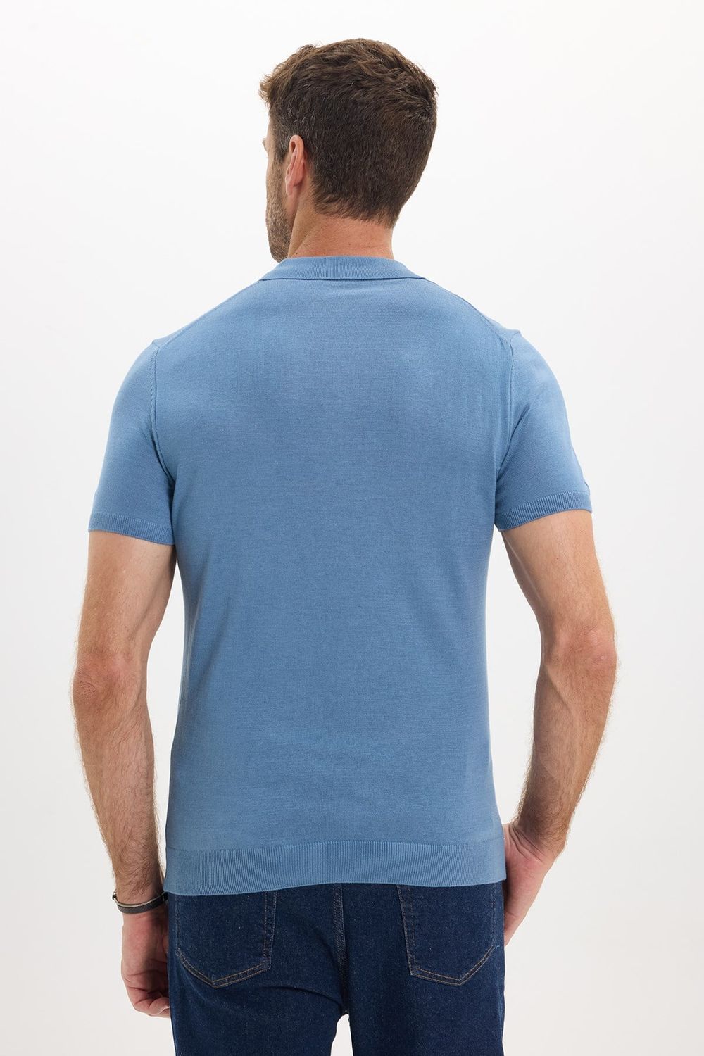 Erkek Slim Fit Dar Kesim %100 Pamuk Örme Triko Fermuarlı İndigo Polo Yaka Tişört