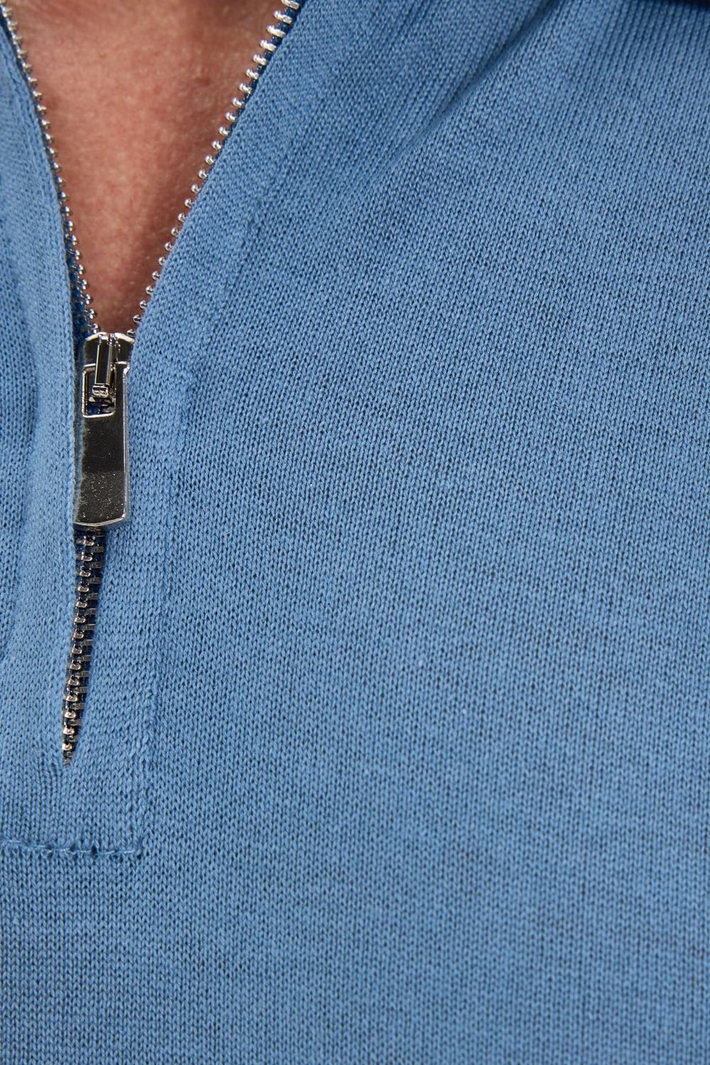 Erkek Slim Fit Dar Kesim %100 Pamuk Örme Triko Fermuarlı İndigo Polo Yaka Tişört