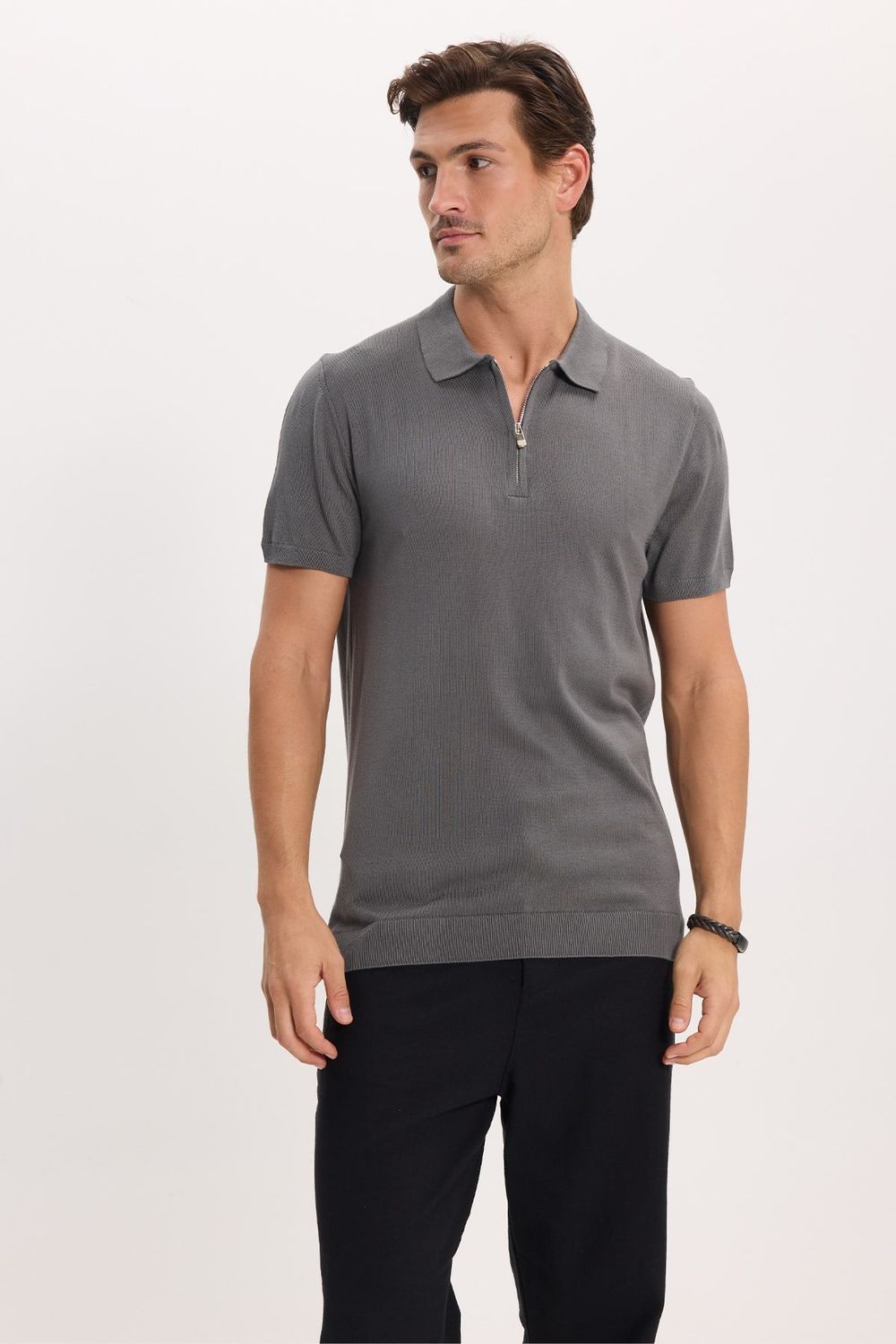 Erkek Slim Fit Dar Kesim %100 Pamuk Örme Triko Fermuarlı Füme Polo Yaka Tişört