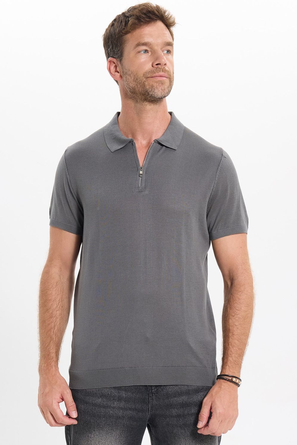 Erkek Slim Fit Dar Kesim %100 Pamuk Örme Triko Fermuarlı Füme Polo Yaka Tişört