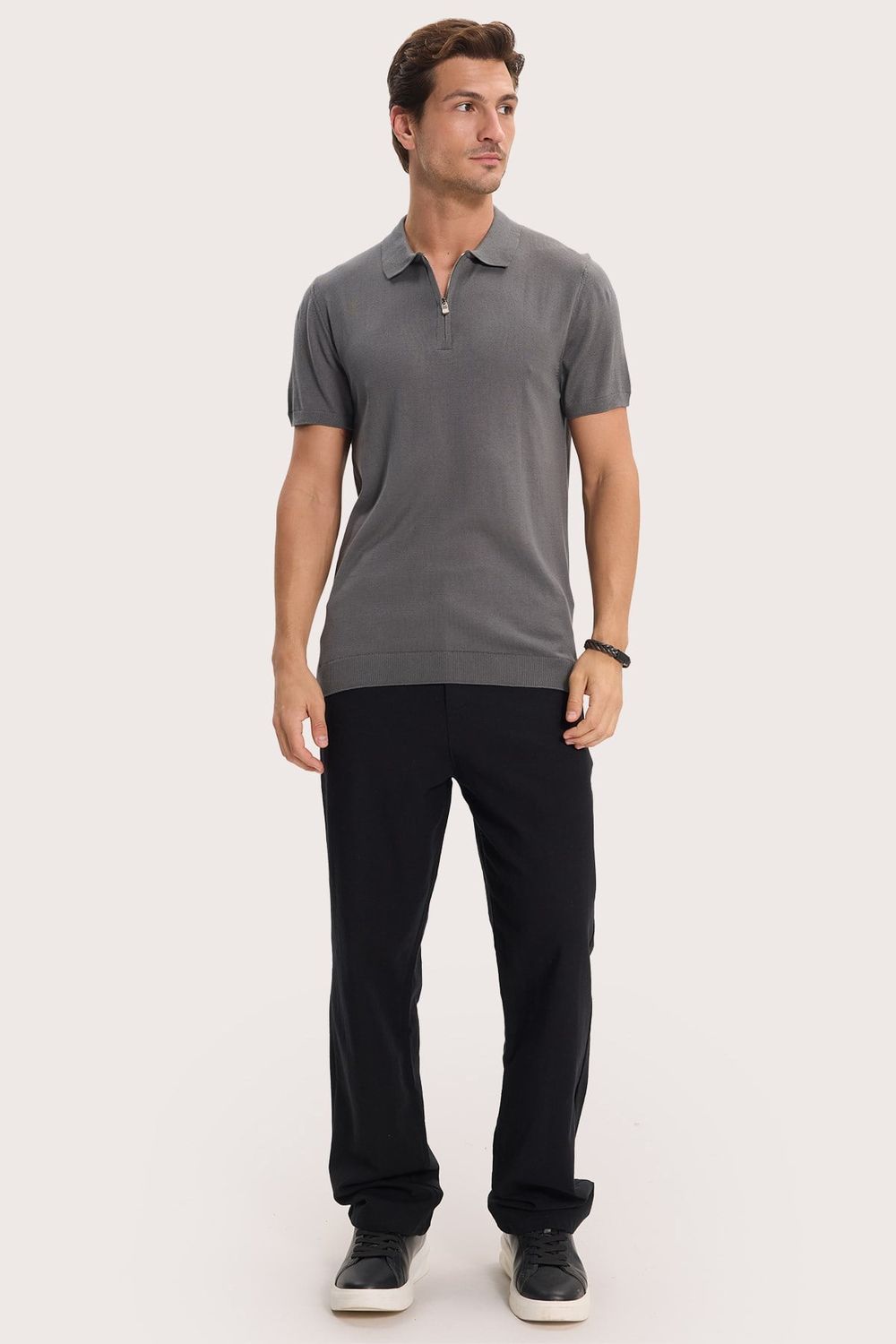 Erkek Slim Fit Dar Kesim %100 Pamuk Örme Triko Fermuarlı Füme Polo Yaka Tişört