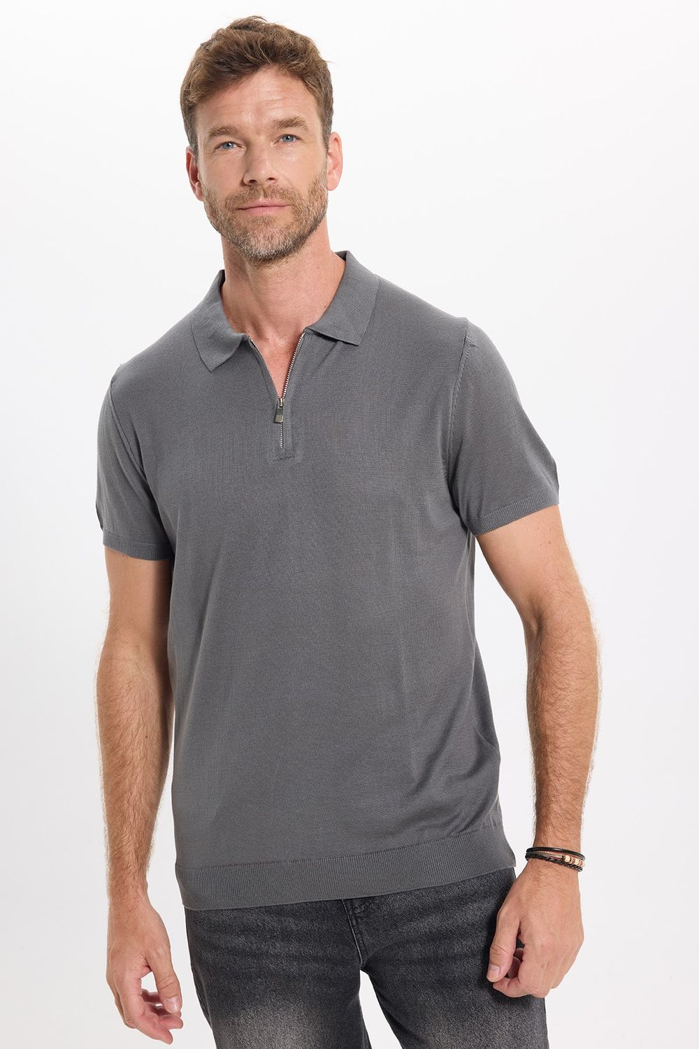 Erkek Slim Fit Dar Kesim %100 Pamuk Örme Triko Fermuarlı Füme Polo Yaka Tişört