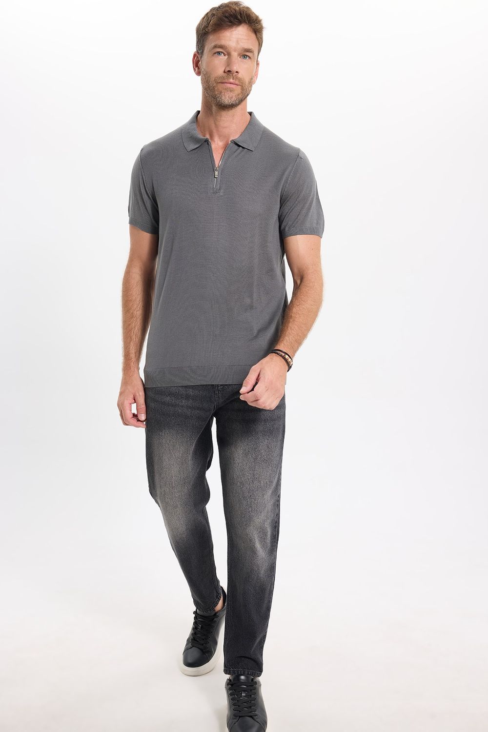 Erkek Slim Fit Dar Kesim %100 Pamuk Örme Triko Fermuarlı Füme Polo Yaka Tişört