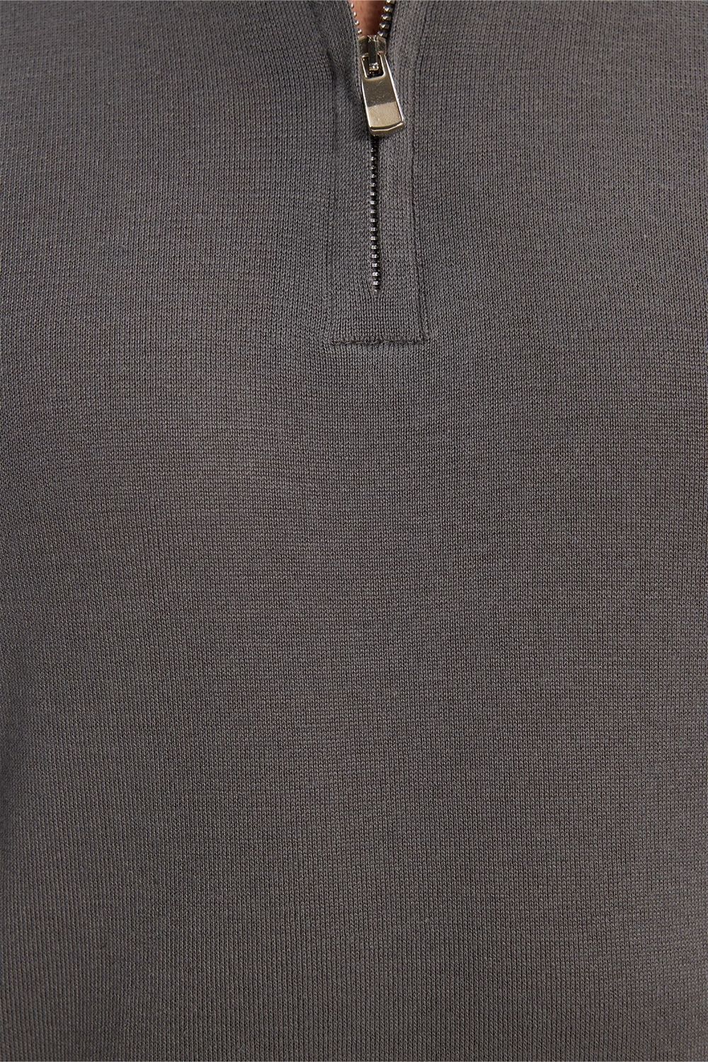 Erkek Slim Fit Dar Kesim %100 Pamuk Örme Triko Fermuarlı Füme Polo Yaka Tişört
